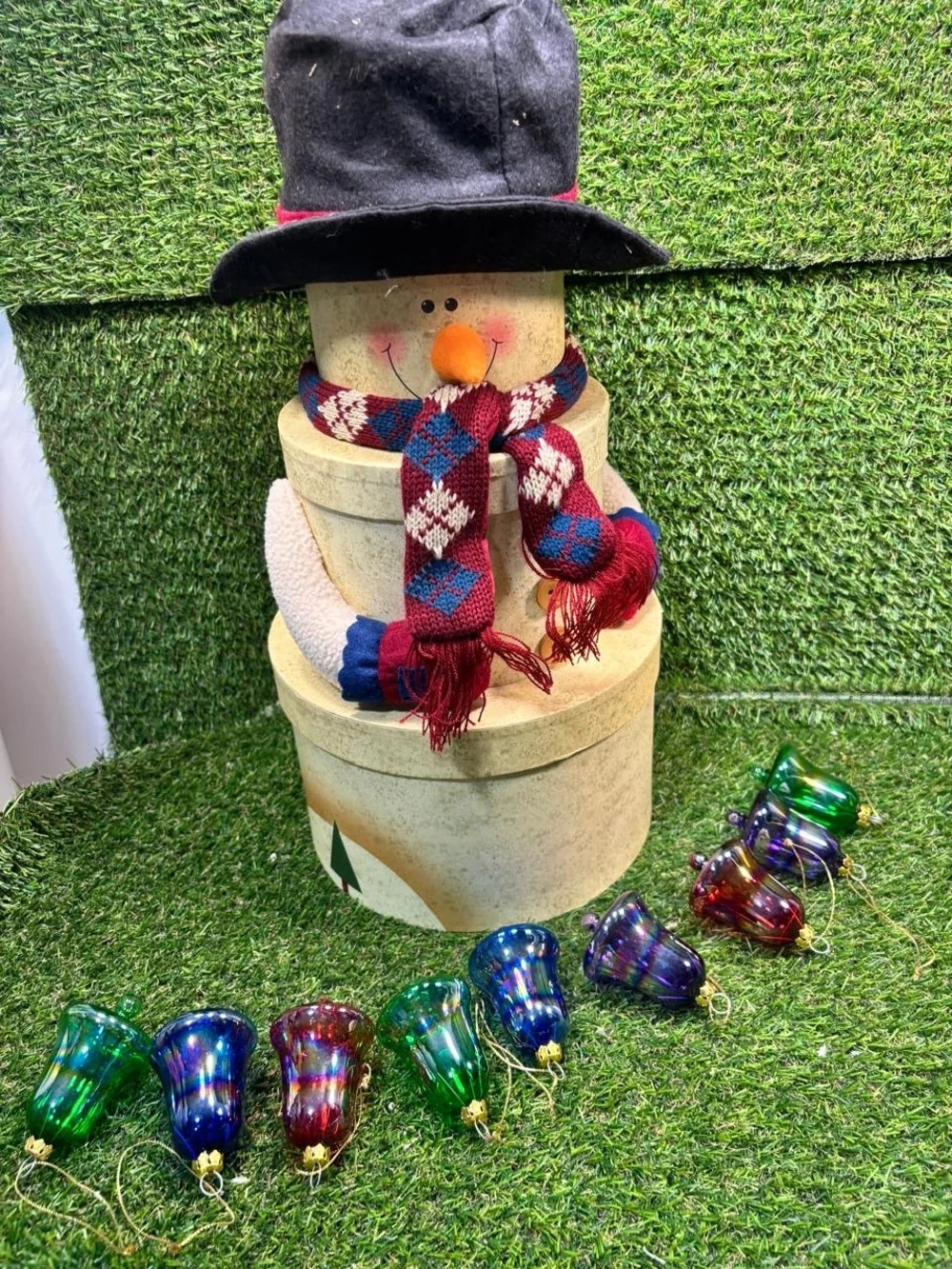 Snowman Nesting Boxes Christmas Decor and 8 Glass Bell Ornaments